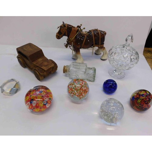 193 - Shire horse/bon bon dish & glass paperweights