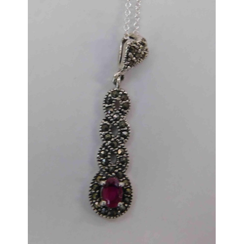 201 - Silver - ruby & marcasite pendant on silver chain