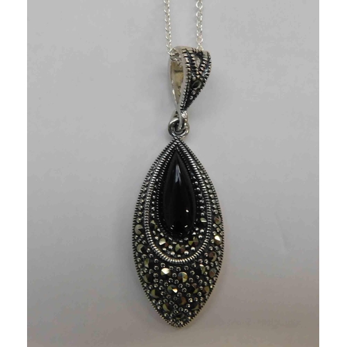 231 - Silver - jet & marcasite pendant on silver chain