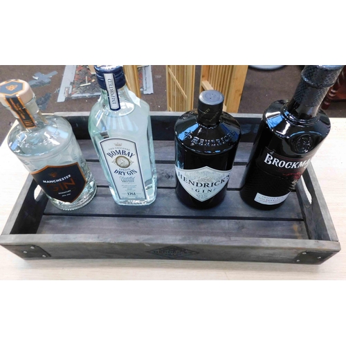 589A - 4x New bottles of gin in 'Hendricks' tray-Manchester gin 500ml, Bombay dry 700ml, Hendricks 700ml & ... 