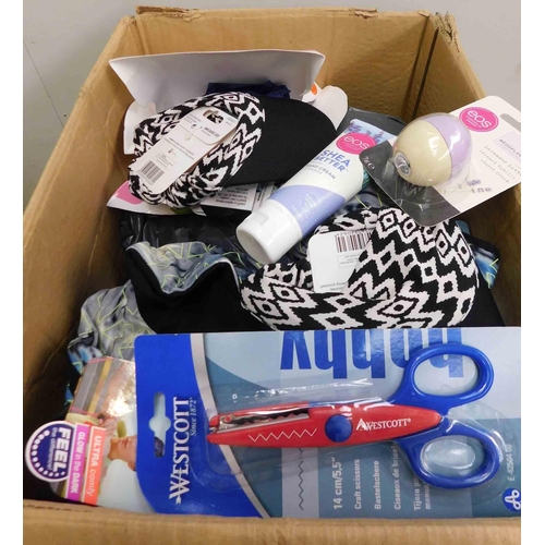 593 - Box of new items incl. Westcott craft scissors, Scuncill sports items and Winter-care beauty kits