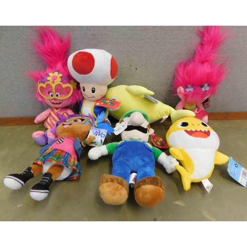 606 - 7x Soft toys, new with tags incl. Super Mario and Viro