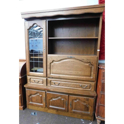 636 - Large oak display unit with leaded door - very heavy, approx. 57