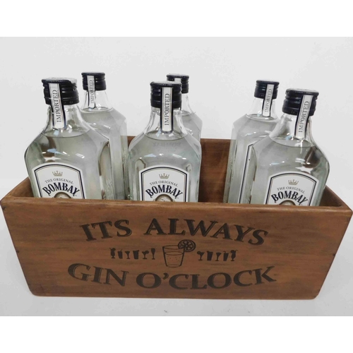 696 - Wooden gin case with 6x 700cl of sealed Bombay London dry gin