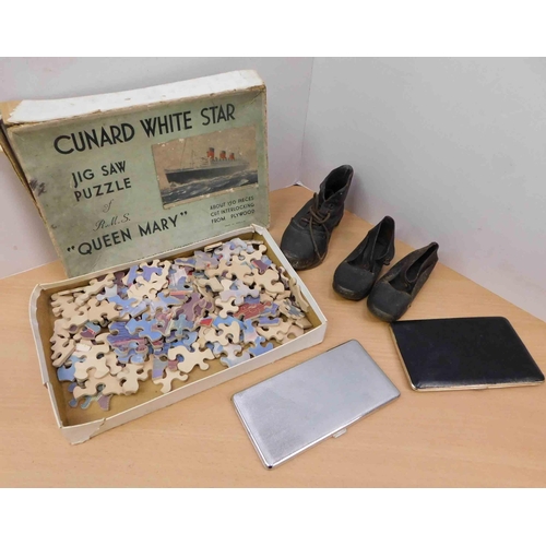 71 - Chad Valley wood jigsaw - RMS Queen Mary - antique children's clogs & two boxes