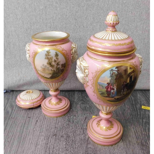 721 - Pair of antique china urns - 1x lid badly damaged