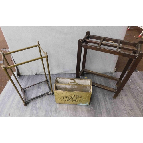 729 - 2x Umbrella stands and brass magazine rack