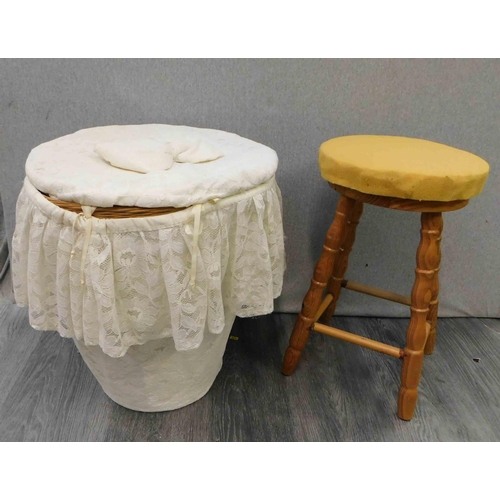 733 - Vintage linen basket and stool