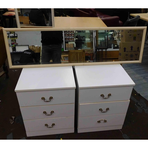 744A - 2x Three drawer bedside cabinets in white + 2x mirrors