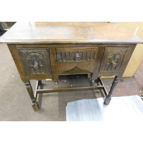 747 - 3x Drawer carved oak hall table - approx. 38