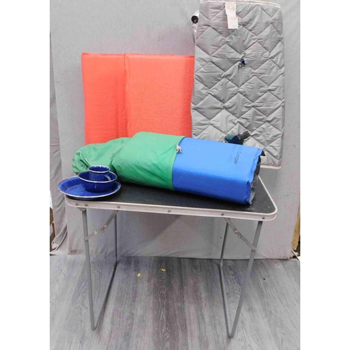 760 - Selection of camping items incl. folding table and mats