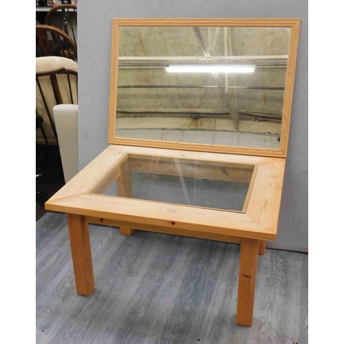 768 - Pine coffee table with glass top and pine framed mirror