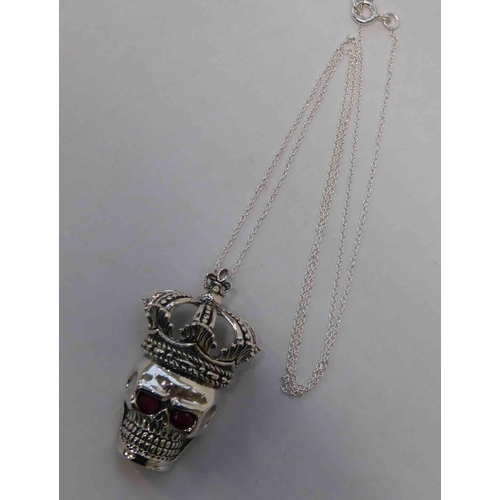 127 - Silver - skull with crown pendant on silver chain