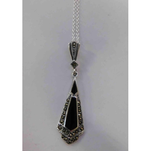 147 - Art deco style - silver/jet & marcasite - pendant on silver chain