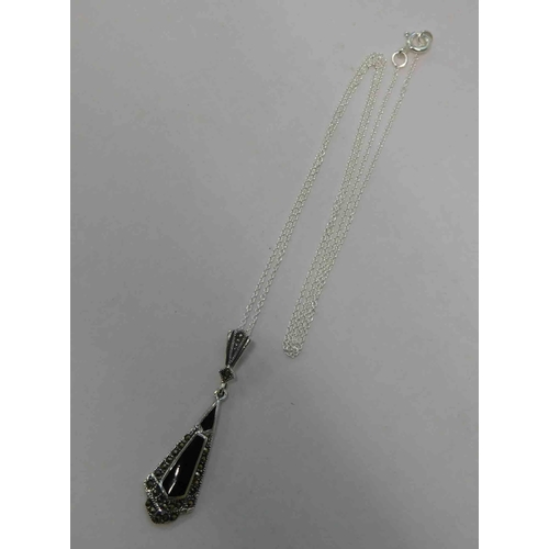 147 - Art deco style - silver/jet & marcasite - pendant on silver chain