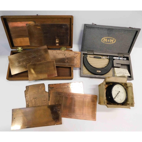 171 - Copper advert plates - micro metre & pressure gauge