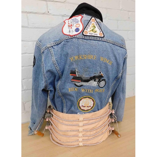 604 - Denim jacket with Honda Goldwing patches and badges with mannequin stand