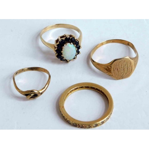 135 - Three - 9ct Gold rings - one Opal & Sapphire set cluster - & unmarked examples - approx 6.5g combine... 