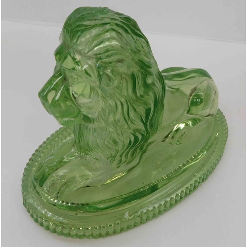 220 - John Derbyshire - uranium green pressed glass - lion paperweight - England 1874