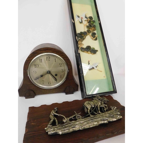 46 - Mantle clock - ploughing plaque & oriental mother of pearl 3D picture...