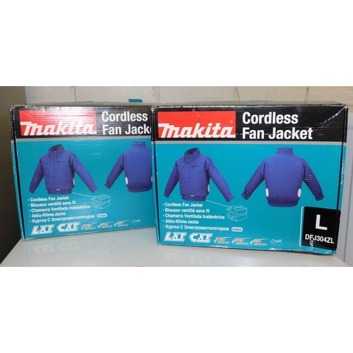 516 - 2x New and boxed Makita cordless fan jackets - L and XL