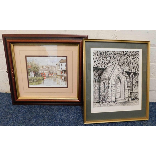 68 - Original pen & ink drawing - of Church in Menston - & Skipton print...