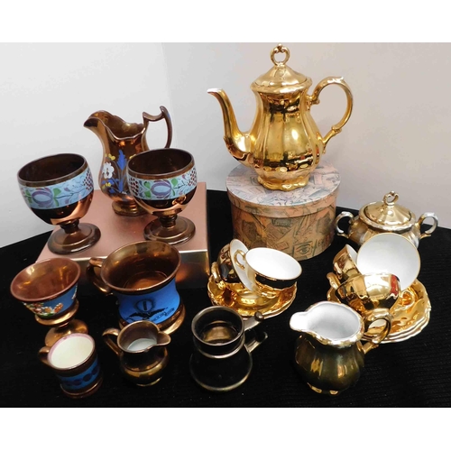 82 - Ceramics including - copper Lustre goblets & Barvaria gilt tea set