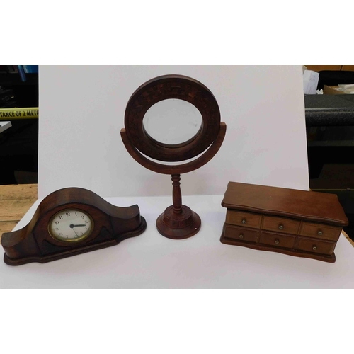 93 - Mantle clock - jewellery box/contents & mahogany framed mirror