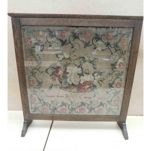 11 - Antique Victorian - oak embroidery fire screen - signed & dated 1853