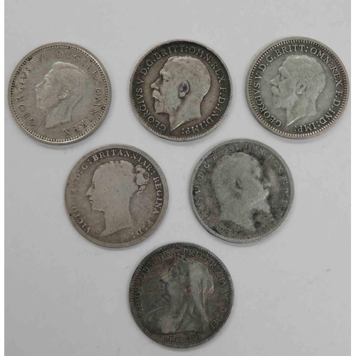 125 - Six - silver 3d coins - Victoria/Edward/George V & VI