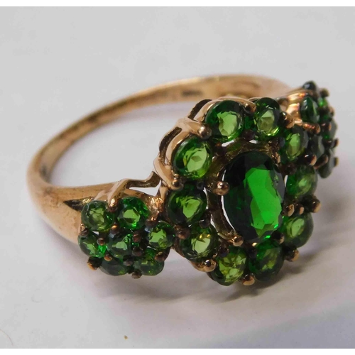 120 - 9ct gold - green garnet set cluster ring - size O total weight 3.8g