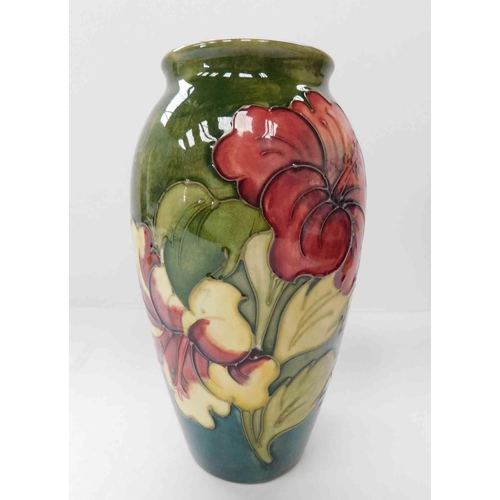 202 - Moorcroft - green ground hibiscus vase - approx 7.5