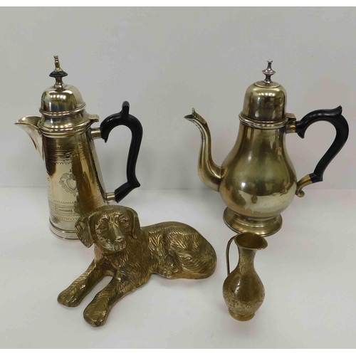 217 - Metalware including - silver plate tea pots/brass jug & dog figure