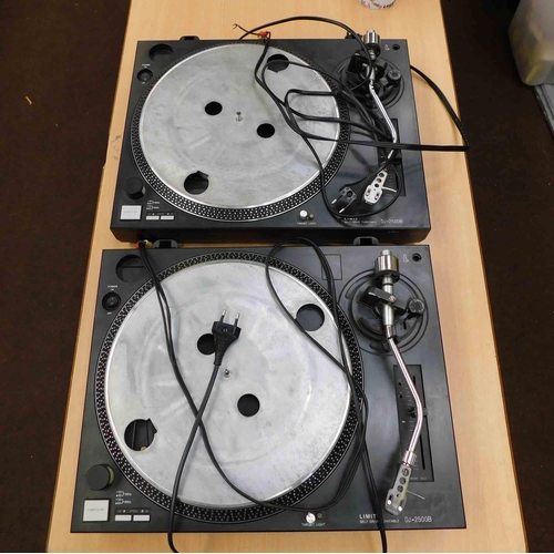 654 - 2x DJ2500 3 limit belt drive turntables- 1x w/o & 1 needs new limiter switch + UK plug adapter