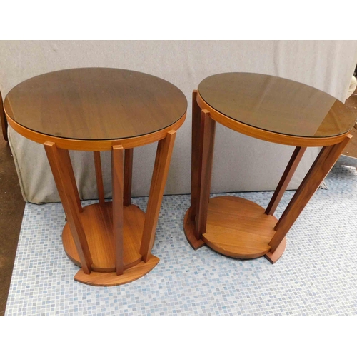 747 - Pair of teak mid century circular glass topped tables approx 22