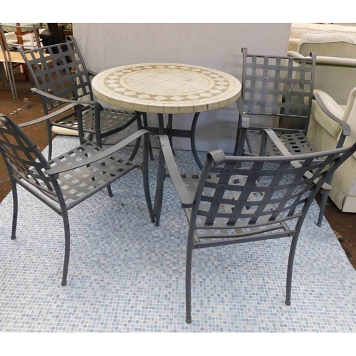 767 - Woven metal garden chairs with matching mosaic tile style table