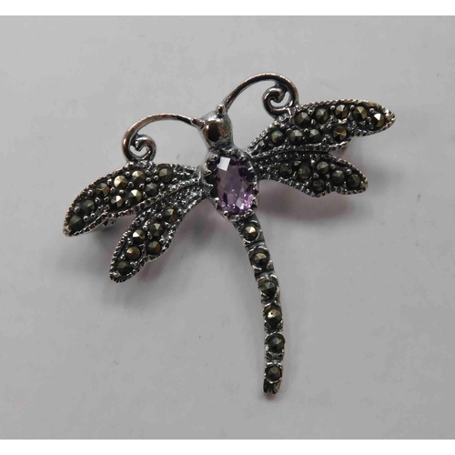 129 - Silver - amethyst & marcasite - dragonfly brooch