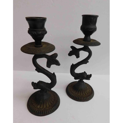 154 - Pair of brass & bronze - oriental dragon candle sticks