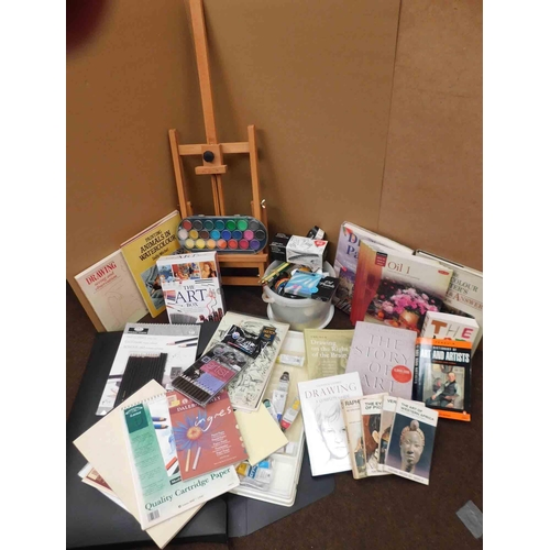 168 - Artist materials including - easel/books/paints/pencils/ charcoal & paper