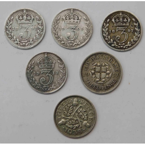 208 - Six - silver 3d's coins - Victorian/Edwardian/George V & VI