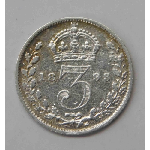 210 - Antique Victorian - 1893 dated - silver 3d coin