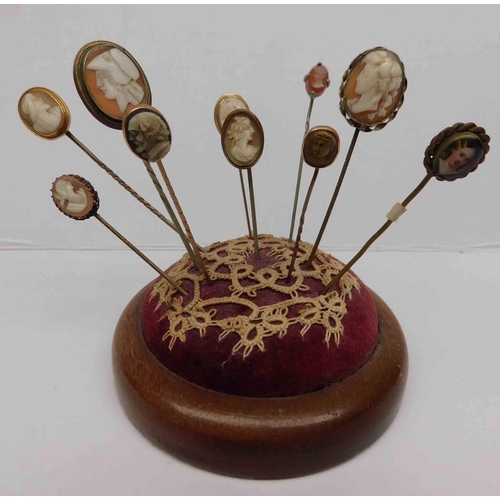 252 - Antique - Cameo hat pins & pin cushion