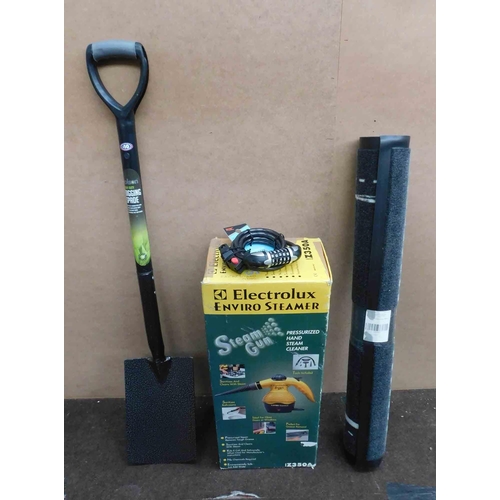 507 - Mixed collection of Electrolux steamer, BBQ decking heat protection mat, shovel & bike lock