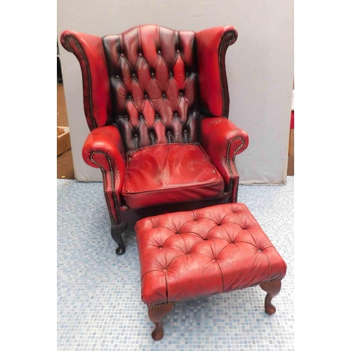 527 - Vintage oxblood Chesterfield armchair & matching footstool