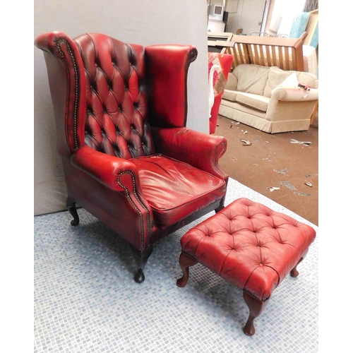 527 - Vintage oxblood Chesterfield armchair & matching footstool