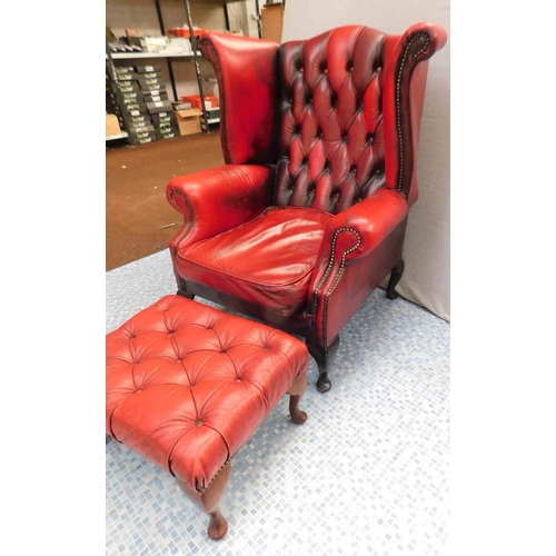 527 - Vintage oxblood Chesterfield armchair & matching footstool