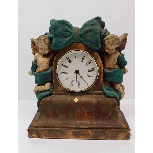 53 - Cherub decorated - mantle clock - approx 9.5