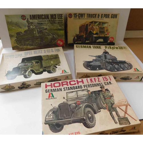 93 - Five - Airfix military model kits - including German & American tanks and trucks - unchecked