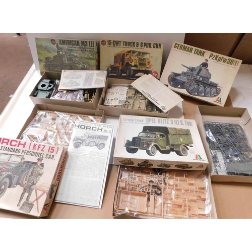 93 - Five - Airfix military model kits - including German & American tanks and trucks - unchecked