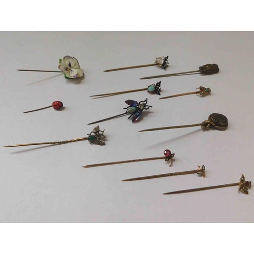 104 - Antique - insect/flower & nature related hat pins - including semi precious gem stones & gold pins